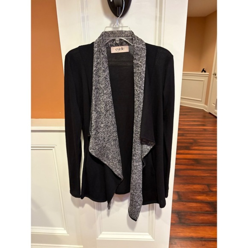 Estelle Black Waterfall‎ Cardigan Sweater Knit Contrast Trim Long Sleeve Women M